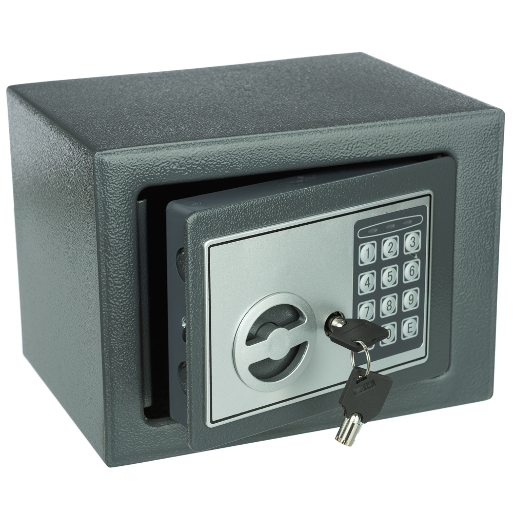 Seif Metalic cu Cifru Electronic si Cheie 17E-7016, Casa de Bani, Cutie de Valori, 230x170x170 mm, Gri